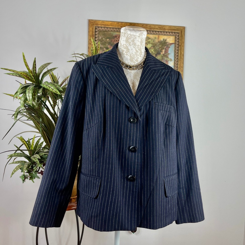 Harve Benard Pinstripe Blazer Women 18W Navy Blue 100% Wool 3-Button Jacket